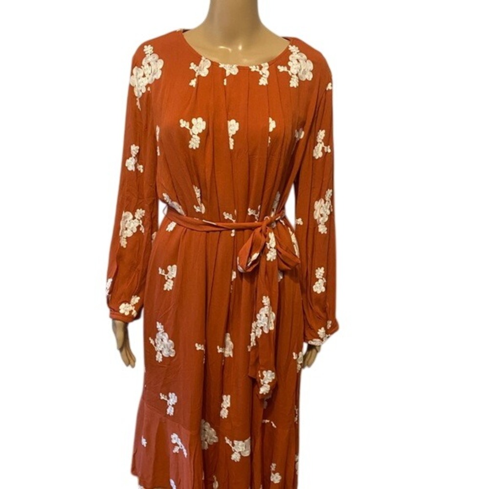 Floral‎ Embroidered Midi Dress Long Sleeve Rust Orange Casual Fall
